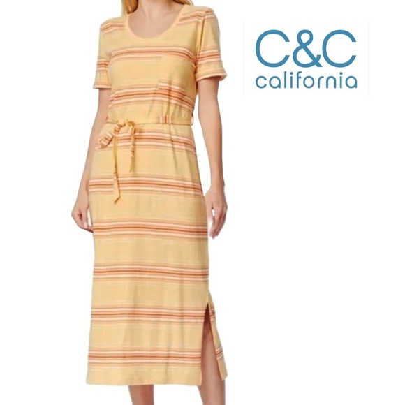 C&C California Rayon Blend Maxi Dress Shift Tee Shirt Yellow Stripe XS-S NWOT - Picture 1 of 15